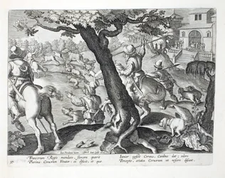 Der französische König auf der Hirschjagd mit Hunden, Illustration aus 